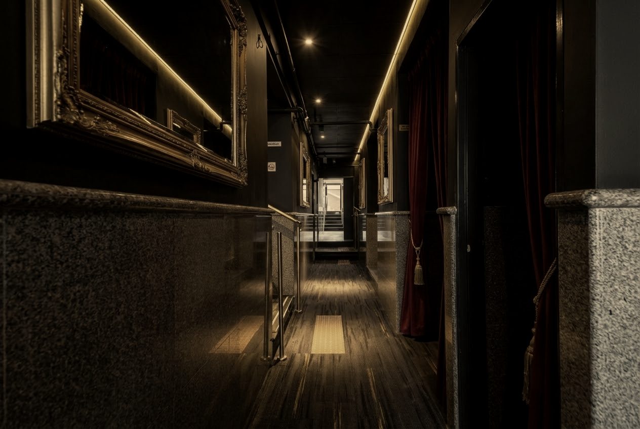 The corridor of The Black Garter, monitored common area